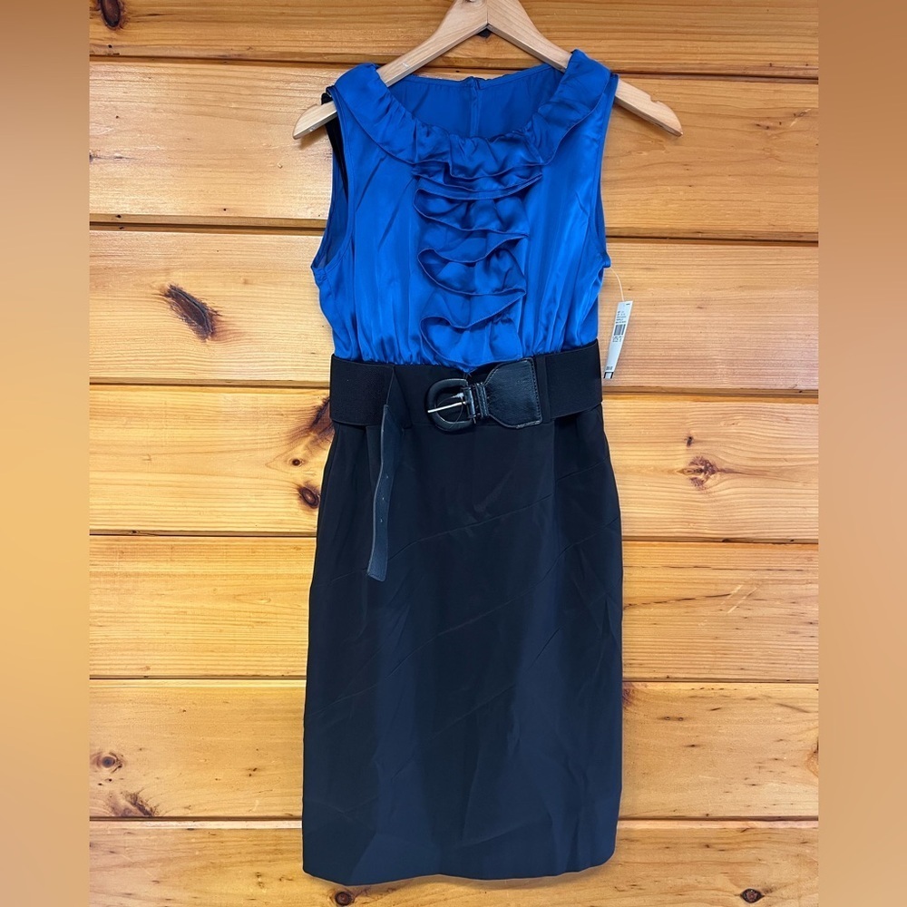 AB Studio Ruffle Round Neck Sleeveless W/ Belt Sheath 2 Tone Midi Dress 8
